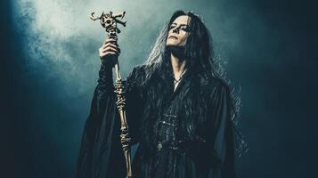 Hel the goddess of the underworld stands confidently in dark robes grasping a staff made of bones while shadows dramatically highlight her figure. photo