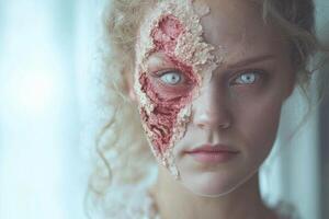 Hel stands with solemn expression showcasing striking contrast between her pale face and the skeletal half. The soft light enhances her ethereal presence in this captivating portrayal. photo