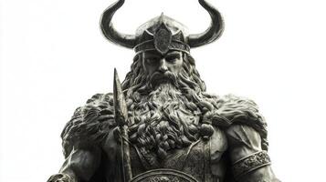 depiction of Balder known as Scandinavian god of beauty and light exhibits intricate detailing in his armor and fierce expression standing isolated against white backdrop. photo