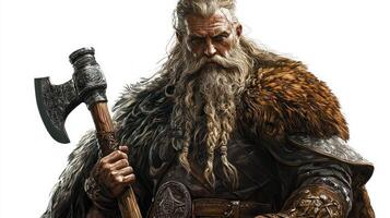 This striking portrayal features Balder the Scandinavian god with intricate armor and a powerful axe embodying strength and divine presence in Nordic mythology. photo