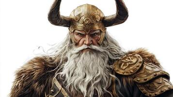 Balder stands majestically radiating wisdom and strength adorned with a horned helmet and intricately designed armor. His powerful presence exudes an aura of purity and enlightenment. photo