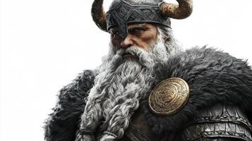 artwork depicts Balder the revered Scandinavian god adorned in a horned helmet and fur clothing showcasing strength and majesty against a stark white background. photo