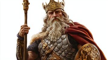 Scandinavian god Balder is depicted with majestic features wearing a crown and armor holding a staff and shield. This powerful figure stands isolated on a white background. photo