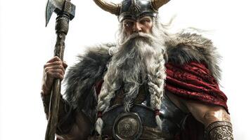Balder stands confidently exuding strength and nobility. His intricate armor adorned with Viking motifs reflects his status as a prominent figure in Scandinavian mythology. photo