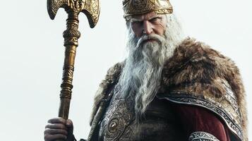 artwork features Balder revered Scandinavian god holding majestic axe wearing ornate armor with long flowing hair and commanding expression symbolizing strength and divinity. photo