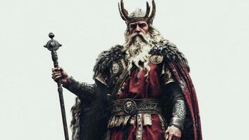 Baldr Scandinavian god stands tall against white backdrop adorned in regal attire with intricate detailing and staff embodying strength and divine essence in Norse mythology. photo