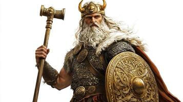 essence of Baldr the beloved Scandinavian god clad in intricate armor and wielding a powerful hammer embodying strength and valor. photo