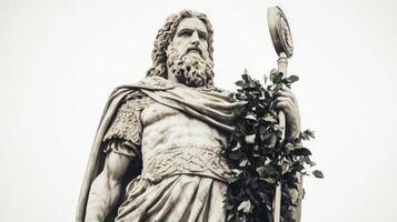 sculpture captures Baldr the beloved Scandinavian god embodying strength and grace with intricate details against a stark white backdrop. photo