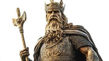 Scandinavian god Baldr is rendered in a strikingly realistic manner showcasing his majestic features and elaborate armor holding a powerful staff conveying strength and lore. photo