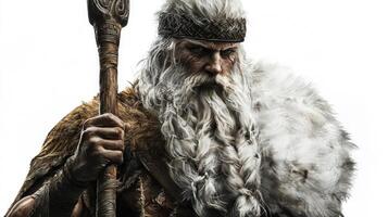 Scandinavian god Baldr is portrayed with long hair and a beard holding a staff showcasing a serious expression. This artwork emphasizes his powerful presence. photo
