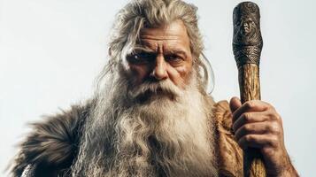 majestic figure represents Baldr the Scandinavian god holding a staff with a serious expression embodying wisdom and power in a striking white background. photo