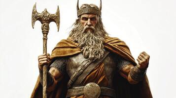 Scandinavian god Baldr stands confidently with powerful armor exuding strength and nobility. His detailed features show wisdom and a heroic presence. photo