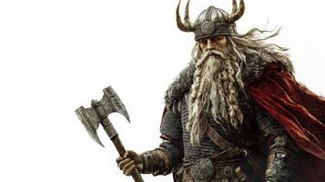 Scandinavian god Baldr stands prominently with a fierce expression showcasing his detailed armor and weaponry. His long hair and striking features reflect mythological strength and power. photo