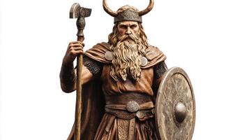 Baldr the revered Scandinavian god stands confidently with his mighty axe and shield showcasing his powerful presence in ancient mythology and warrior culture. photo