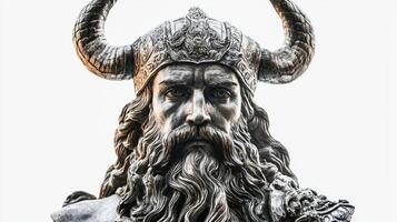 Bragi the Scandinavian god of poetry with intricately designed horns and a wise expression set against a stark white background. photo