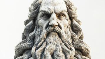 artwork features Bragi the Scandinavian god known for his wisdom and poetic abilities. The detailed sculpture highlights his flowing beard and intense gaze emphasizing his divine nature. photo