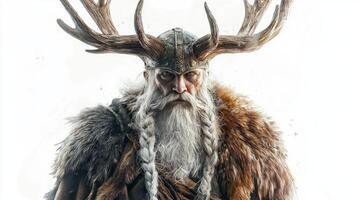 portrait features Bragi the Scandinavian god of poetry depicted with majestic antlers and intricate armor embodying strength and wisdom in a striking visual style. photo