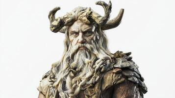 Bragi depicted with elaborate horns and a wise expression exudes the essence of Scandinavian mythology. His features convey strength and creativity representing his divine role. photo