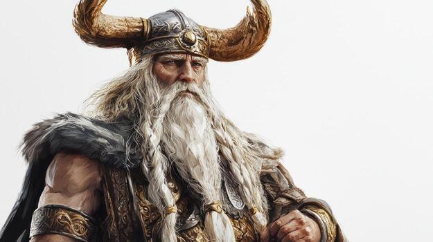artwork features Bragi the Scandinavian god associated with poetry and eloquence depicted with a majestic appearance and intricate attire. photo