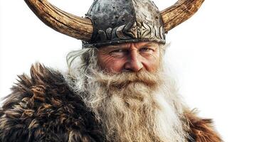 Bragi revered Scandinavian god of poetry is depicted with a magnificent horned helmet and flowing beard embodying wisdom and artistry against pure white backdrop. photo
