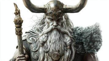 Bragi adorned with ornate armor and majestic horned helmet exudes wisdom and artistry typical of Scandinavian mythology highlighted his long flowing beard and powerful stance. photo