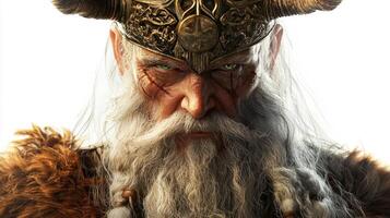 depiction features Bragi Norse god of poetry displaying an imposing expression and ornate horned headdress surrounded by a white background that emphasizes his powerful presence. photo