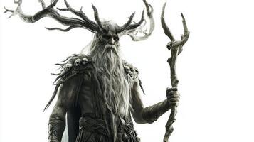 Chernobog the Scandinavian god is depicted realistically with a powerful presence. His imposing figure holds a staff surrounded by a mystical aura. photo