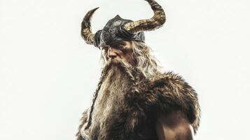 Scandinavian god Bragi stands confidently against a white background adorned with a striking horned helmet and a majestic fur cloak exuding strength and wisdom. photo
