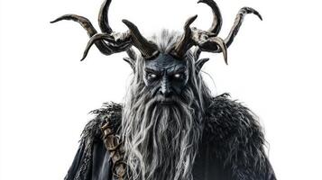 Chernobog the Scandinavian god of darkness is depicted with impressive realism featuring intricate details in his horns beard and clothing against a stark white backdrop. photo