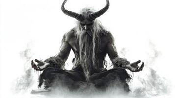 Chernobog a powerful Scandinavian god sits in meditation with a serene expression surrounded by smoke embodying a connection to ancient mythology and mysticism. photo