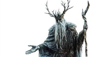Chernobog displays a commanding stance showcasing his elaborate antlered crown and long beard representing the dark aspects of Scandinavian mythology and folklore. photo