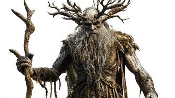 Chernobog the Scandinavian god associated with darkness. He stands confidently with a staff featuring intricate detailing and a powerful presence. photo