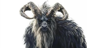 Chernobog the Scandinavian god of darkness is portrayed with intricate details featuring striking horns and a formidable presence isolated against a pure white backdrop. photo