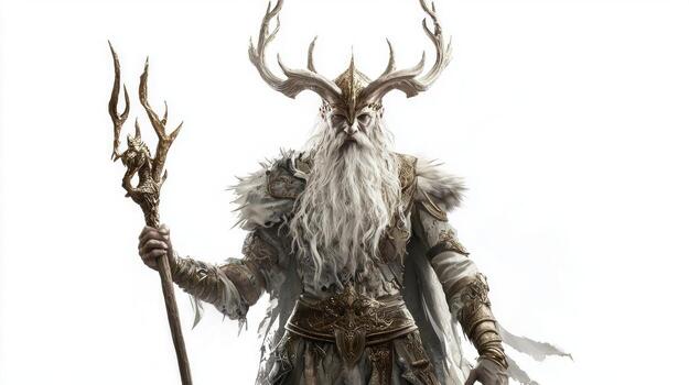 Chernobog depicted as a formidable Scandinavian god exudes strength with his ornate armor and antlered crown embodying ancient mythology and power in a striking visual. photo