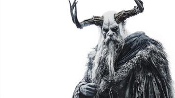 Scandinavian god Chernobog stands fiercely showcasing his dark features and imposing antlers. His presence commands attention in an isolated setting. photo