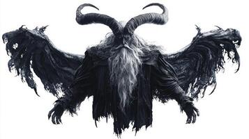 Chernobog the Scandinavian deity associated with darkness featuring his imposing figure adorned with horns and tattered wings set against a stark white background. photo