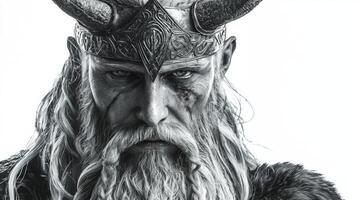 Eir stands confidently with an imposing expression adorned in intricate armor and a crown symbolizing strength and healing in Norse mythology. photo