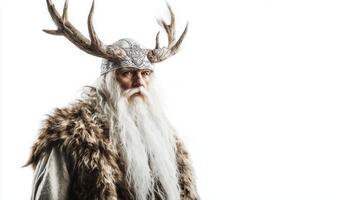 A Viking inspired figure embodies the Scandinavian god Eir featuring a majestic beard and antlers dressed in fur. The character stands confidently with an intense gaze. photo