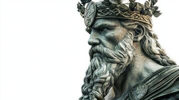 A striking representation of Eir the Scandinavian god known for healing featuring a detailed face with a majestic crown embodying strength and tranquility against a stark backdrop. photo