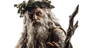 Eir depicted as a wise Scandinavian god showcases his healing powers with an intense expression. His natural attire and foliage crown emphasize his connection to nature. photo