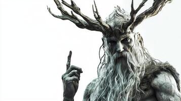 Scandinavian god Eir portrayed with striking realism embodying healing and strength through intricate details set against clean white backdrop enhancing his ethereal appearance. photo