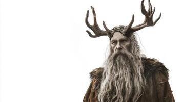 The Scandinavian god Forseti is portrayed with a majestic appearance featuring antlers and a long beard emphasizing his role as a figure of justice and fairness. photo