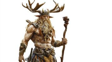 Forseti the Scandinavian god of justice poses confidently with a wooden staff in hand showcasing his impressive physique and rich details in a modern artistic interpretation. photo