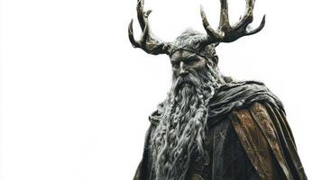 artwork portrays Forseti the Scandinavian god renowned for justice and reconciliation standing majestically with antlers and an intricate robe isolated against a bright backdrop. photo