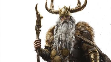 Forseti the Scandinavian god of justice stands tall with a commanding presence. Adorned in intricate armor and a magnificent crown he embodies wisdom and authority. photo