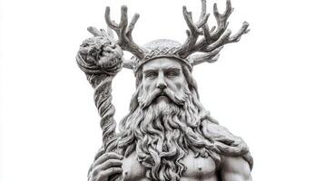 Prevenir Dios justicia en escandinavo mitología soportes majestuosamente con cornamenta y un personal simbolizando sabiduría y justicia. el limpiar blanco antecedentes Destacar su características. foto
