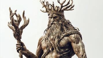 Forseti adorned with majestic antlers and holding a staff embodies wisdom and justice in this stunning representation. The artist captures his presence with intricate detail and grandeur. photo