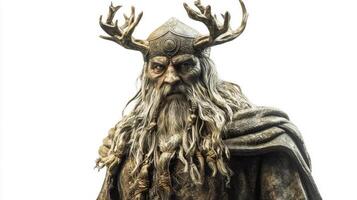 Forseti the Scandinavian god known for upholding justice and reconciliation stands confidently with a commanding presence adorned in regal attire on a white backdrop. photo