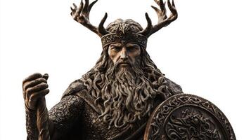 Forseti god of justice in Scandinavian mythology is depicted with fierce expression wearing a crown and holding a shield showcasing regal and powerful attributes. photo