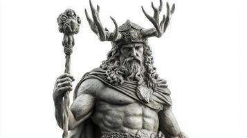 Forseti the Scandinavian god of justice and reconciliation stands proudly with his ornate staff. His powerful physique and majestic antlers reflect his divine nature and authority. photo